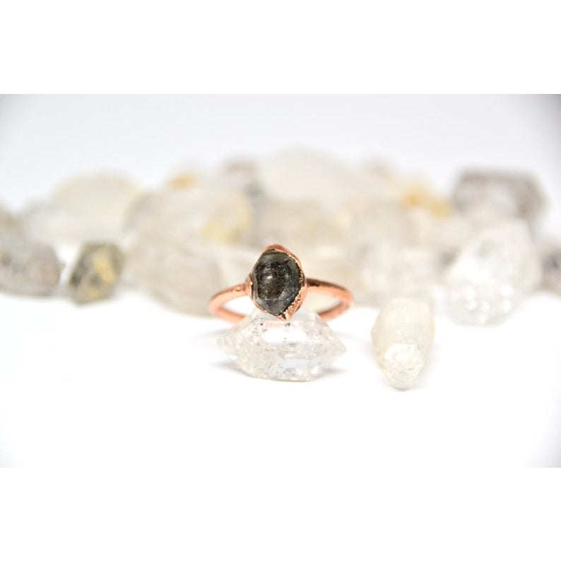 Raw Dark Herkimer Diamond Ring - Copper