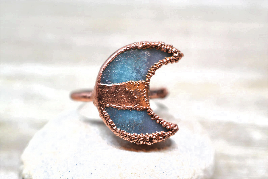 Large Copper Amazonite Moon Ring | Crescent Ring