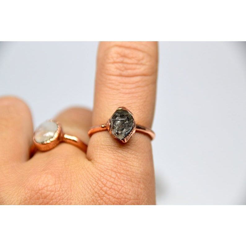 Raw Dark Herkimer Diamond Ring - Copper