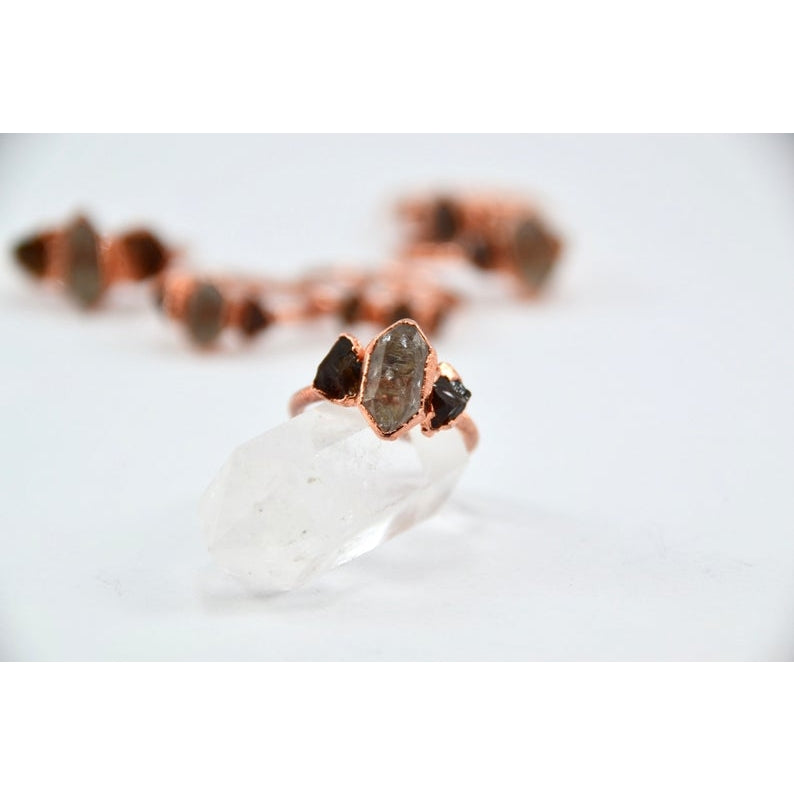 Copper Citrine & Herkimer Diamond Ring || Multi-Stone Ring